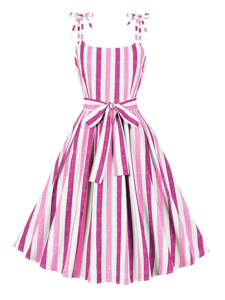 Pink 1950s Shoulder Tie Belted Stripes Dress