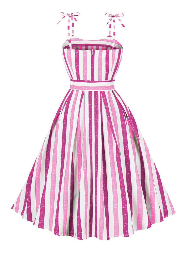 Pink 1950s Shoulder Tie Belted Stripes Dress