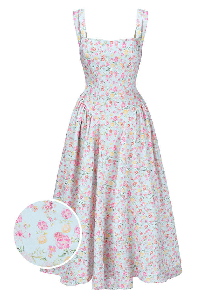 Light Blue 1940s Square Neck Floral Dress