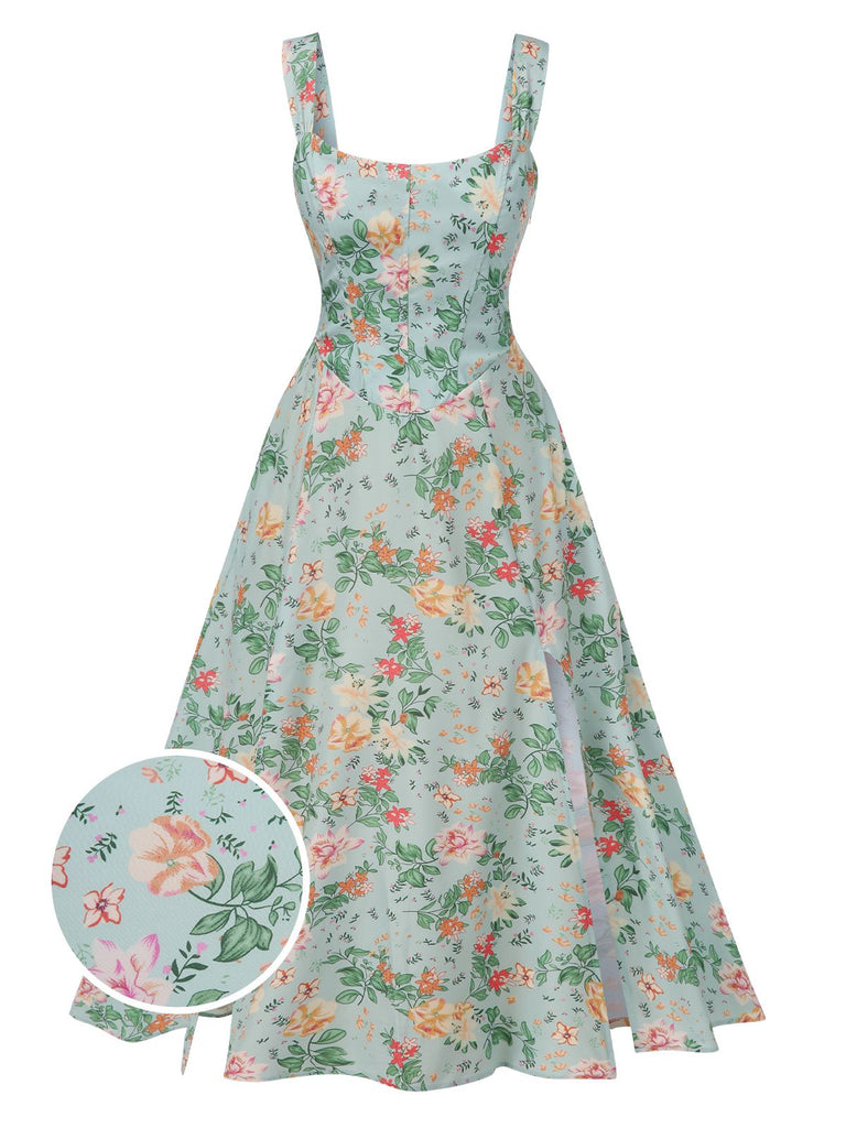 Green 1940s Wide Straps Floral Dress