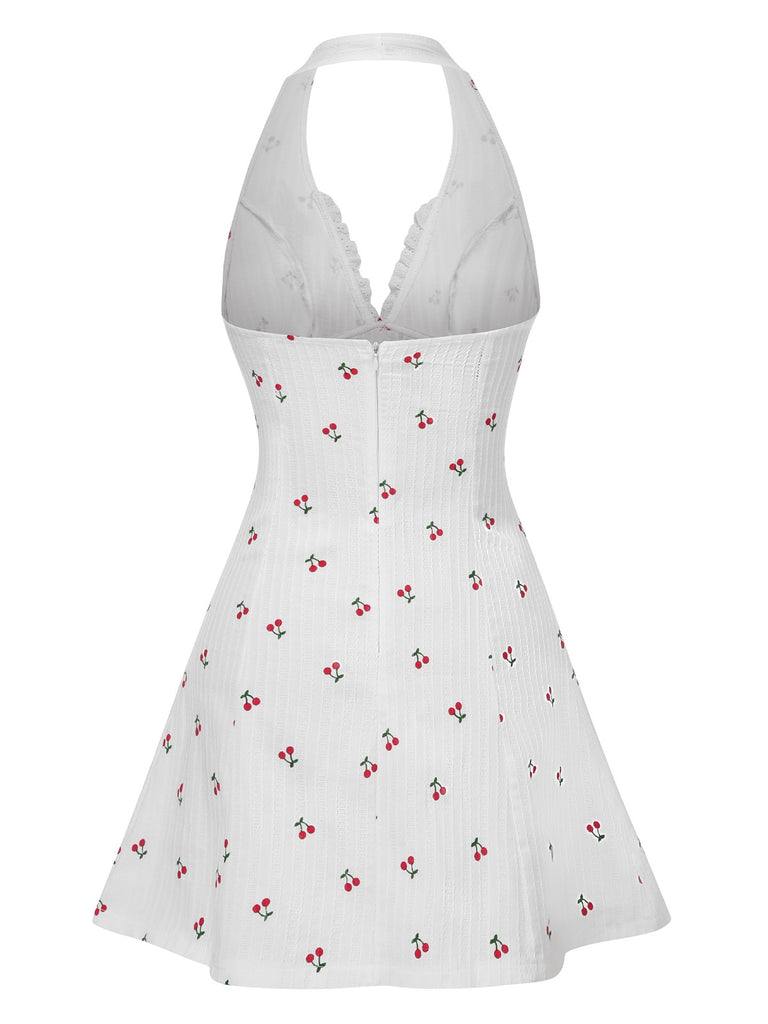 White 1960s Cherry Halter Skater Dress