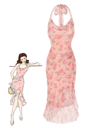 Pink 1930s Rose Silk Mesh Mermaid Dress