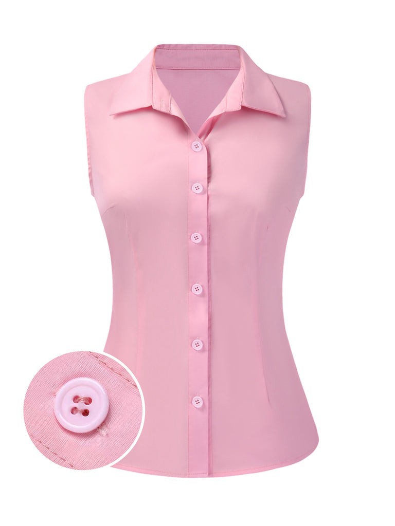 [Pre-Sale] Pink 1940s Solid Lapel Button Sleeveless Blouse