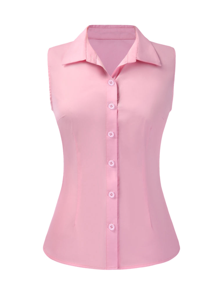 [Pre-Sale] Pink 1940s Solid Lapel Button Sleeveless Blouse