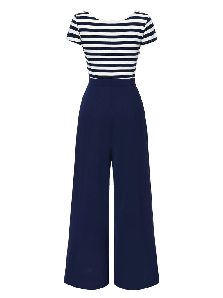 [Pre-Sale] Blue 1950s Hollow Bow Stripe Patchwork Jumpsuit