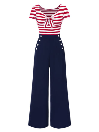 Red 1950s Hollow Bow Stripe Patchwork Jumpsuit