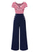Red 1950s Hollow Bow Stripe Patchwork Jumpsuit