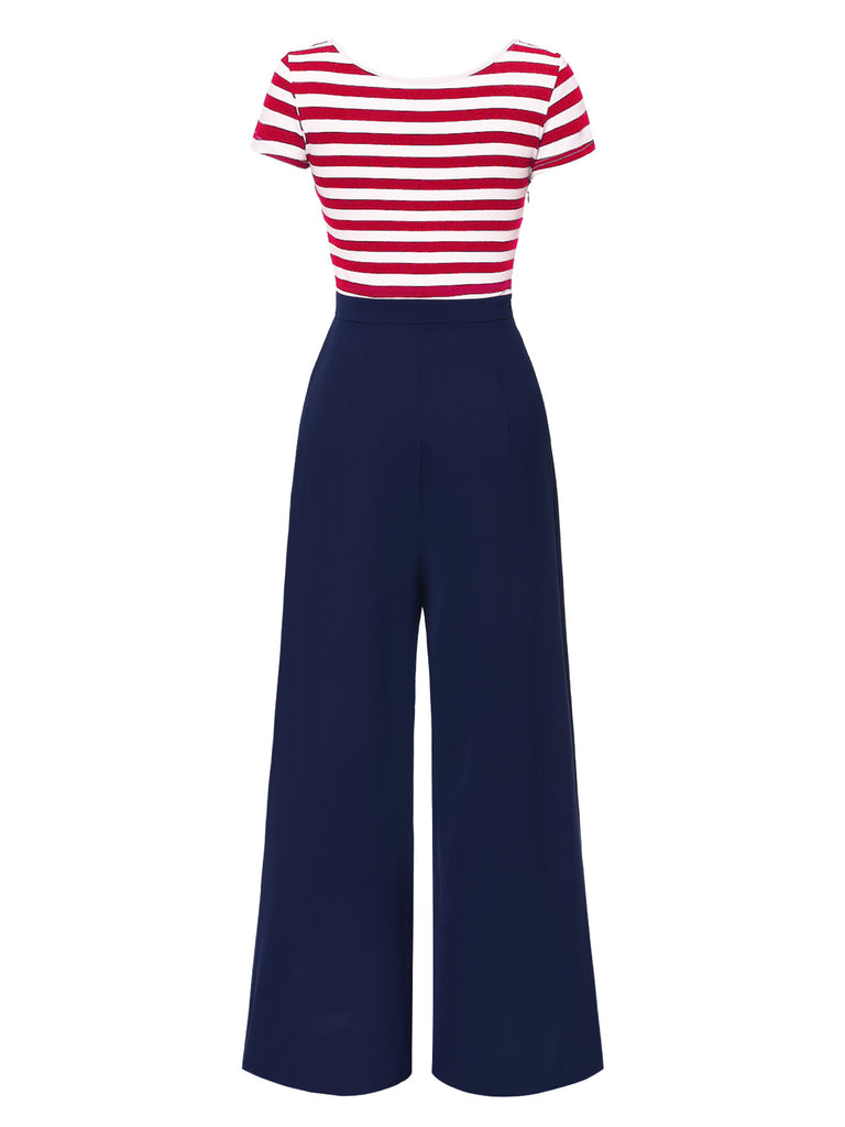 Red 1950s Hollow Bow Stripe Patchwork Jumpsuit