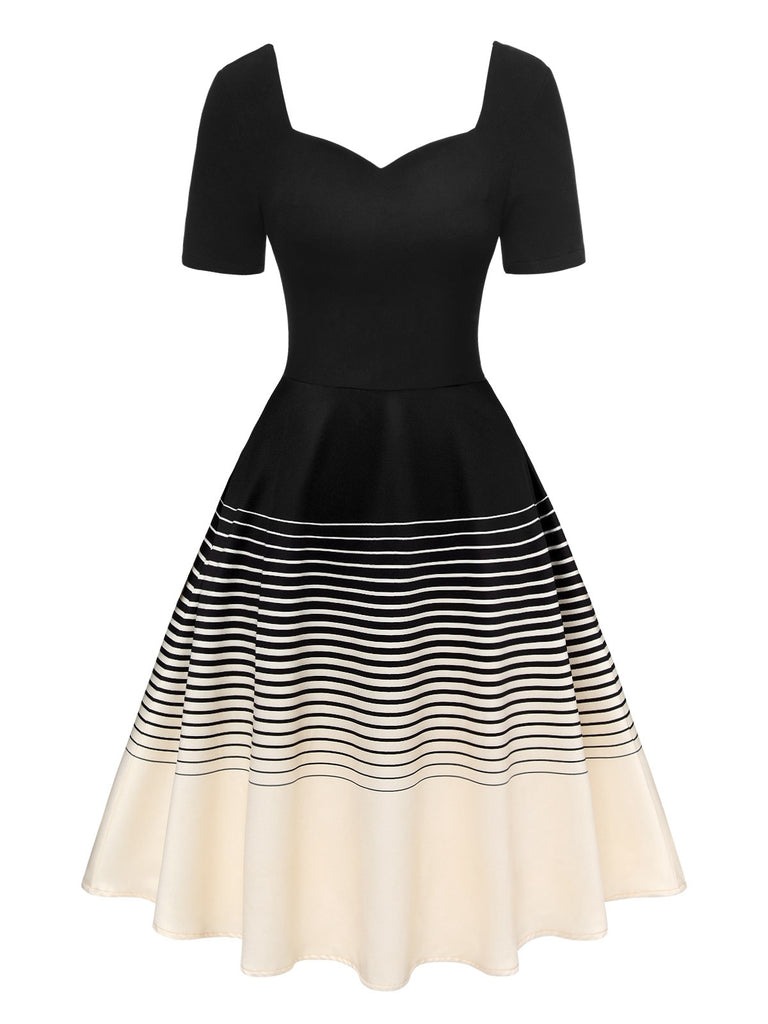 [Pre-Sale] Black 1950s Sweetheart Collar Gradient Stripe Dress