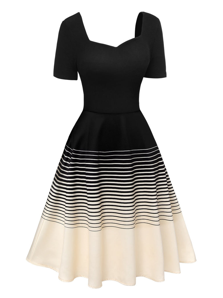 [Pre-Sale] Black 1950s Sweetheart Collar Gradient Stripe Dress