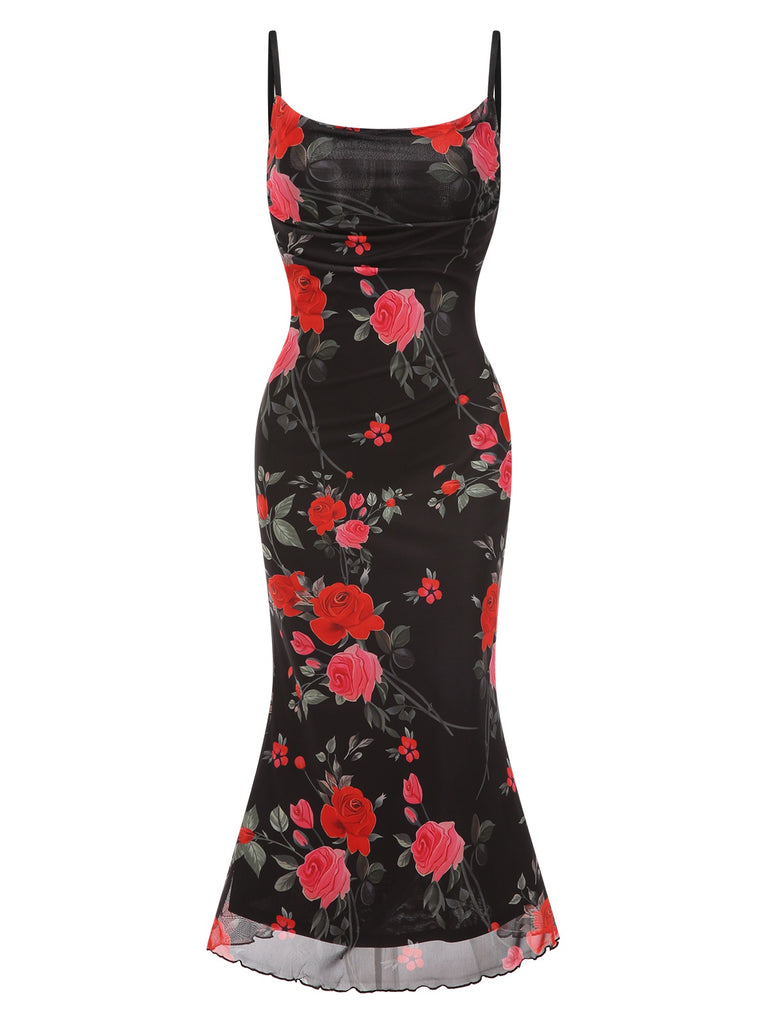 Black 1930s Roses Mesh Straps Mermaid Dress