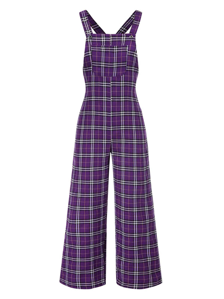 Purple 1960s Plaids Wide-Leg Overall Jumpsuit