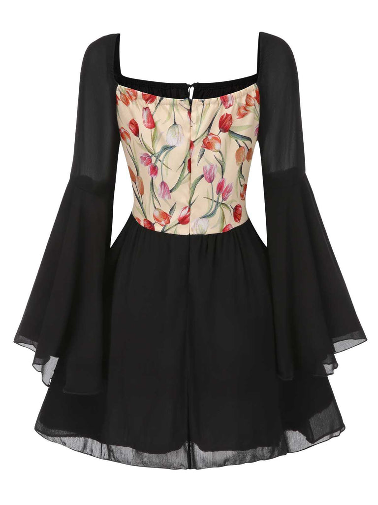 Black 1960s Flare Sleeve Floral Corset Mini Dress