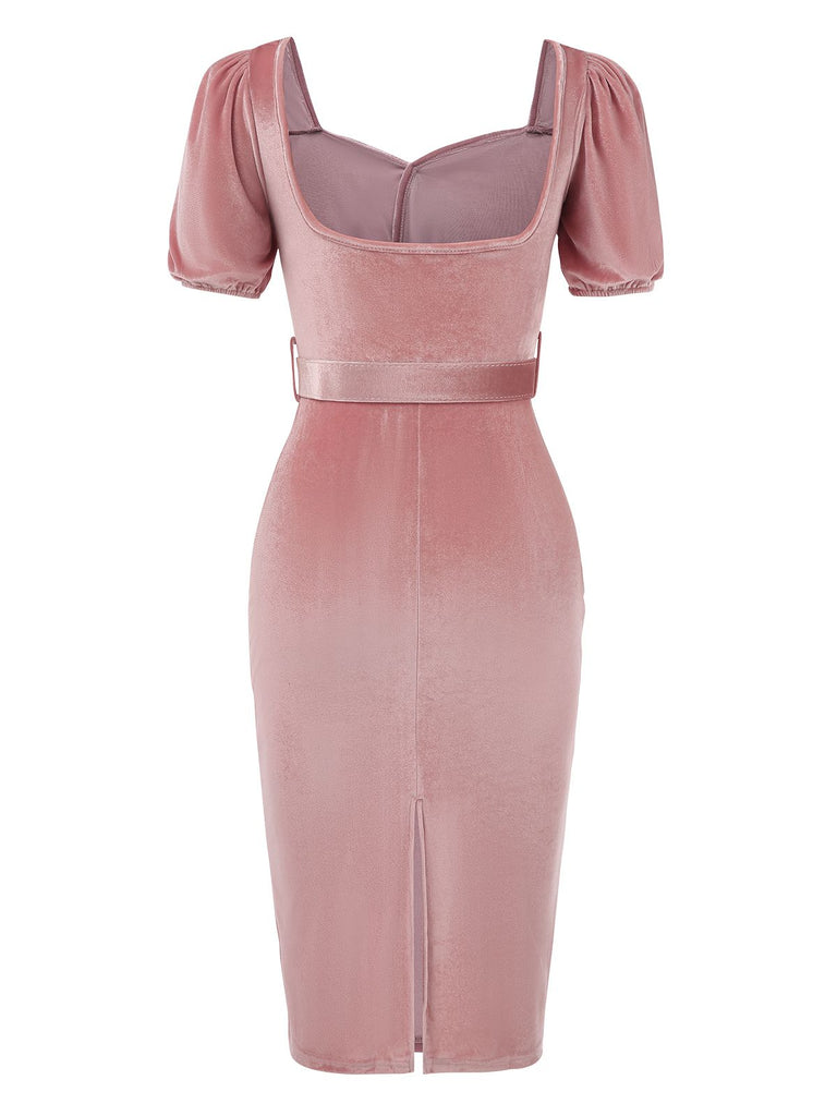 Pink 1960s Velvet Puff Sleeve Belted Dress