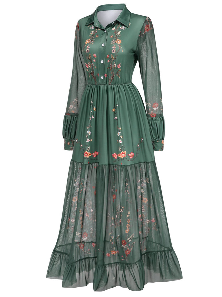 Green 1930s Floral Mesh Patchwork Maxi Dress