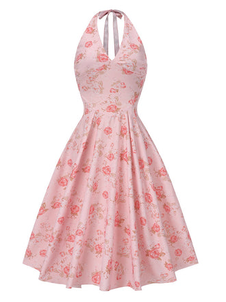 Pink 1950s Floral V-Neck Halter Dress