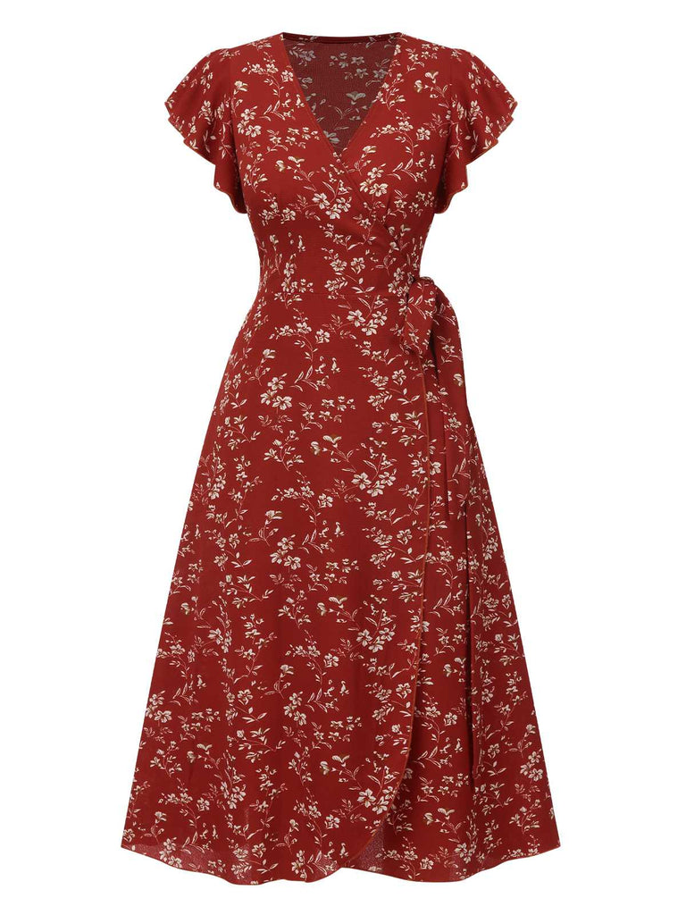 Wine Red 1940s V-Neck Floral Slit Dress