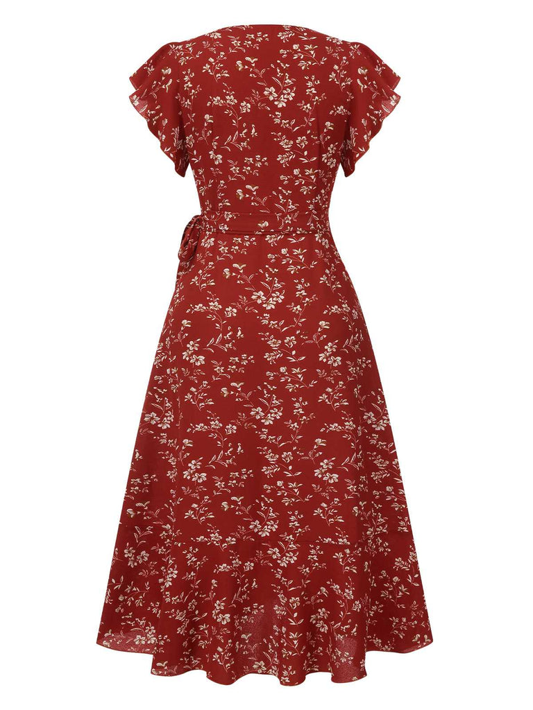 Wine Red 1940s V-Neck Floral Slit Dress