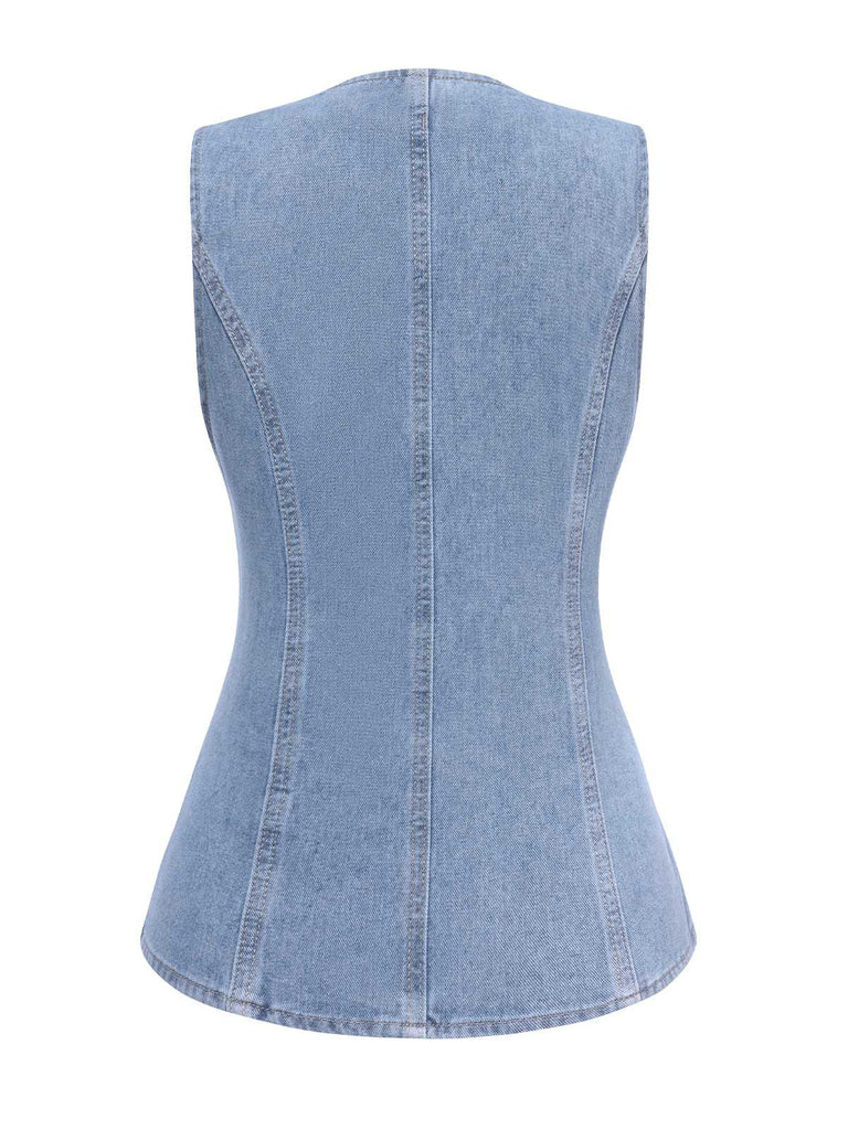 2PCS Blue 1940s Sleeveless Vest & Wide-Leg Denim Jeans