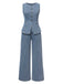 2PCS Blue 1940s Sleeveless Vest & Wide-Leg Denim Jeans