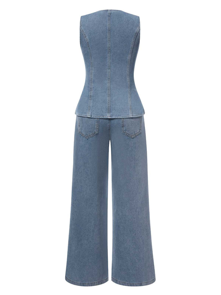 2PCS Blue 1940s Sleeveless Vest & Wide-Leg Denim Jeans