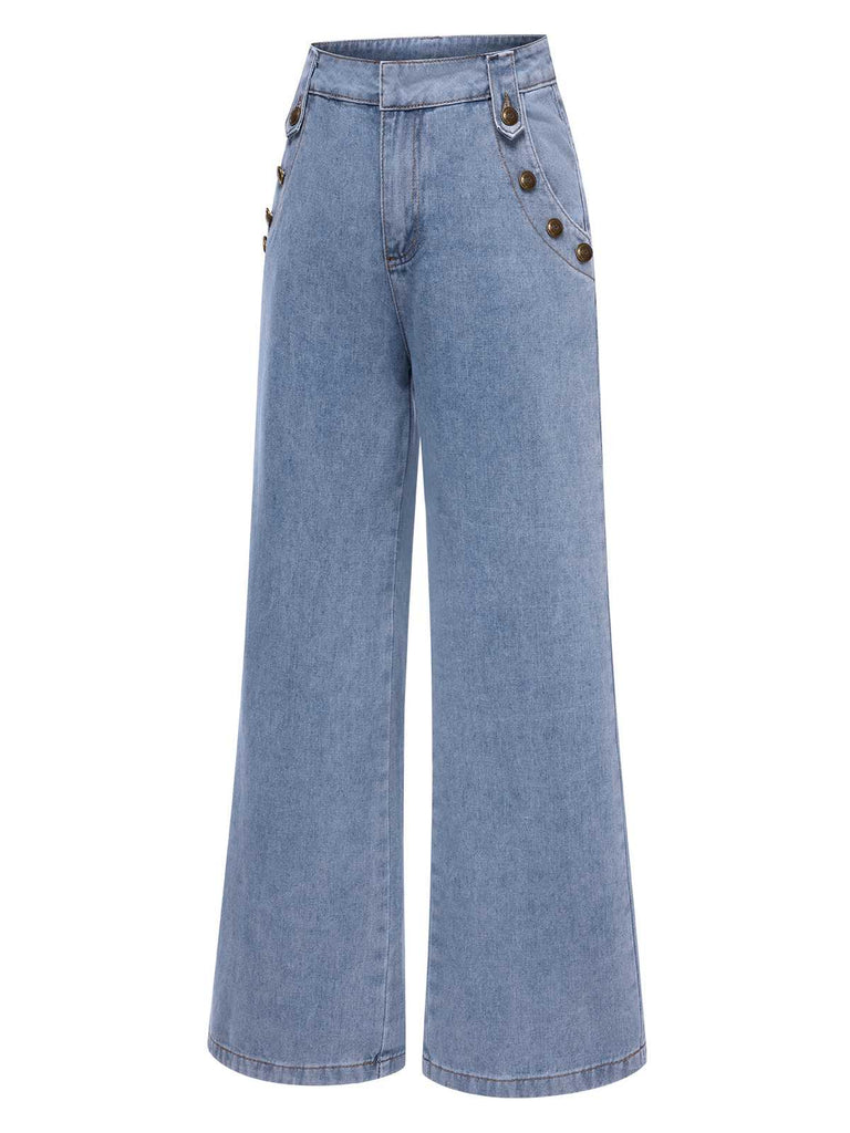 Blue 1940s Button Wide-Leg Denim Jeans