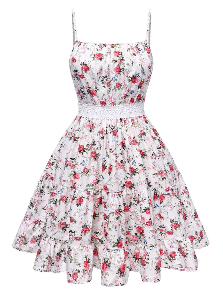 Red 1940s Floral Spaghetti Straps Dress