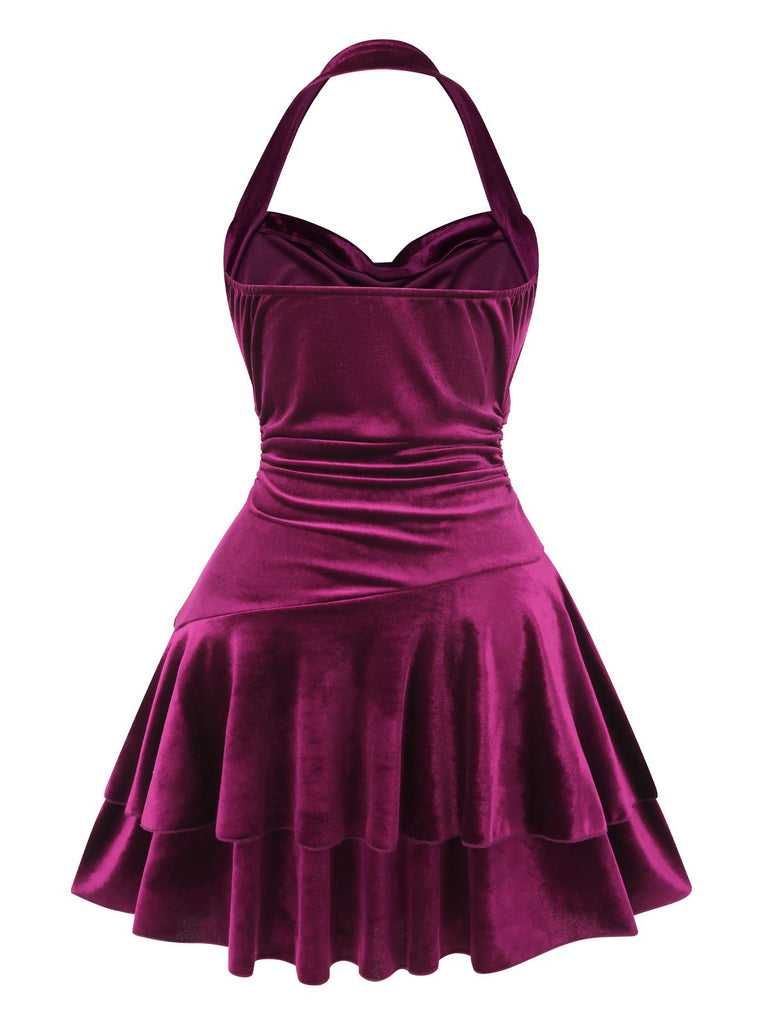 Wine Red 1950s Solid Halter Velvet Dress