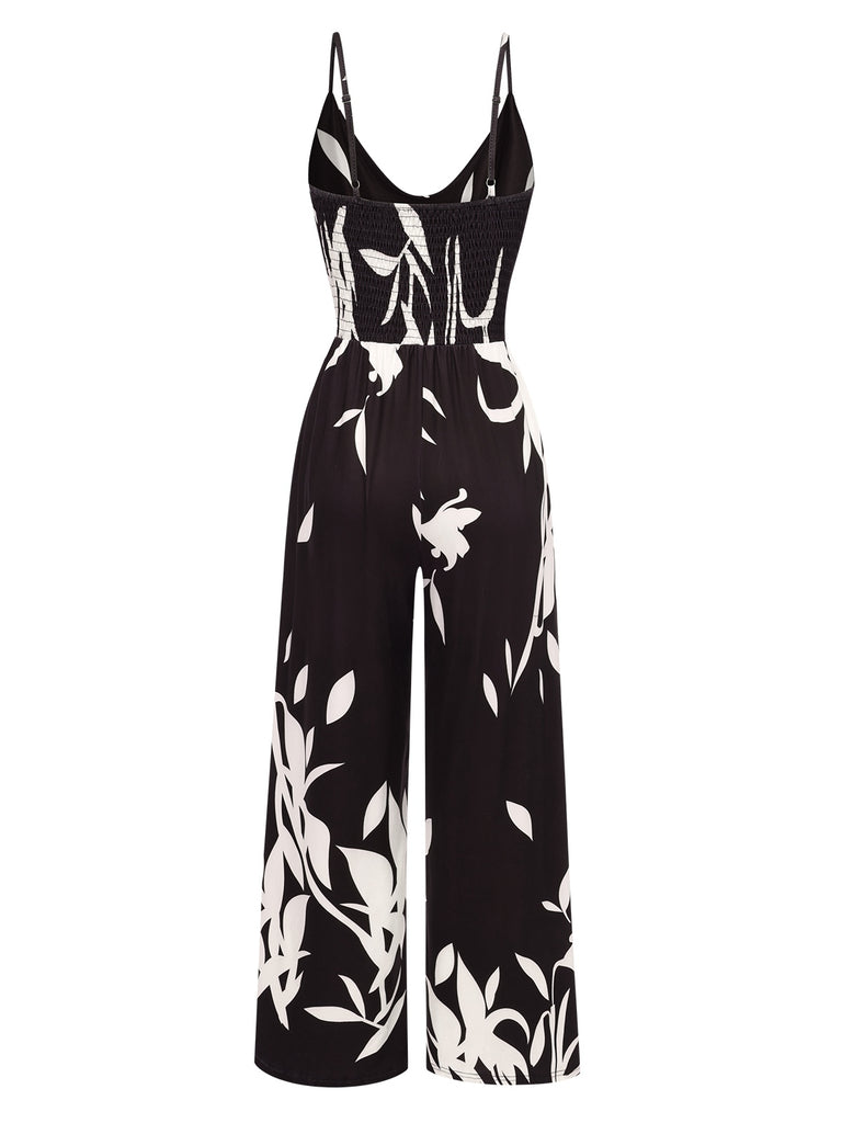 Black 1950s Floral Silhouette Cowl Neck Jumpsuit