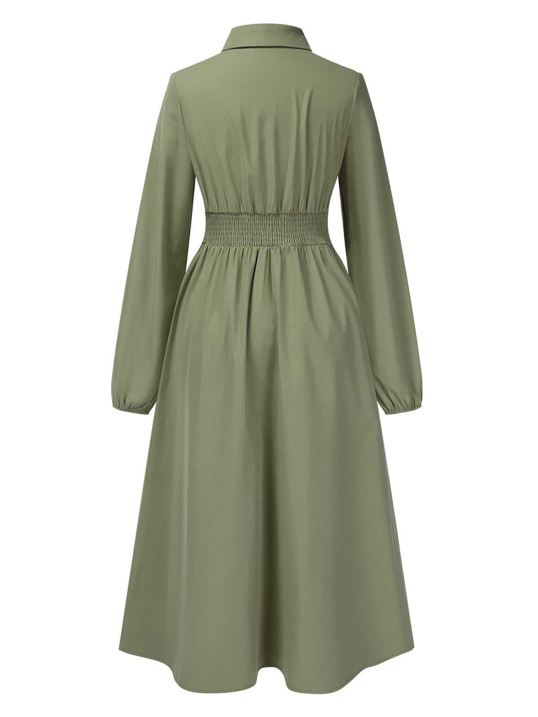 Green 1940s Shirt Neck Long Sleeve Solid Dress