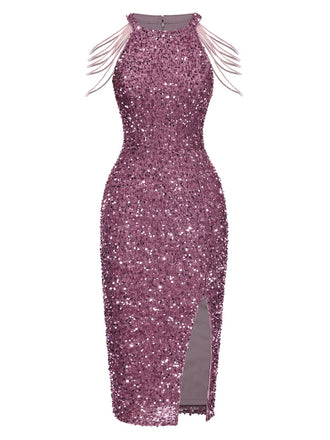 Pink 1960s Solid Sequined Beaded Sleeves Dress