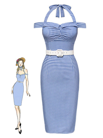 Blue 1960s Halter Off-Shoulder Plaid Pencil Dress
