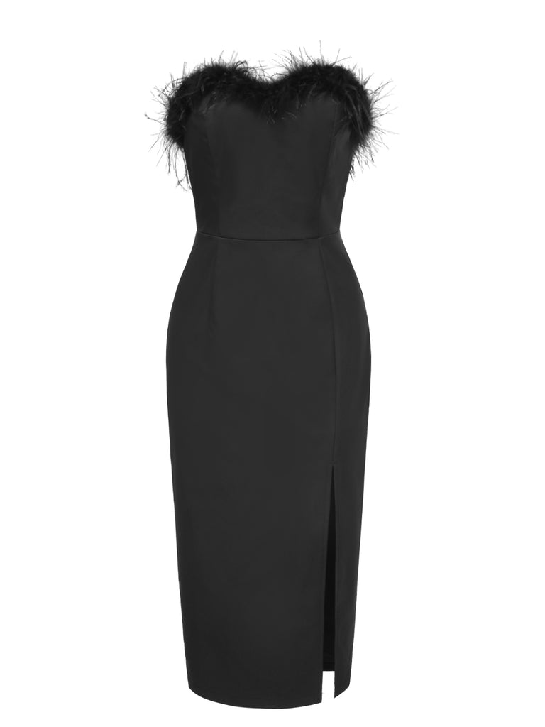 [Pre-Sale] Black 1960s Solid Feather Trim Bandeau Dress