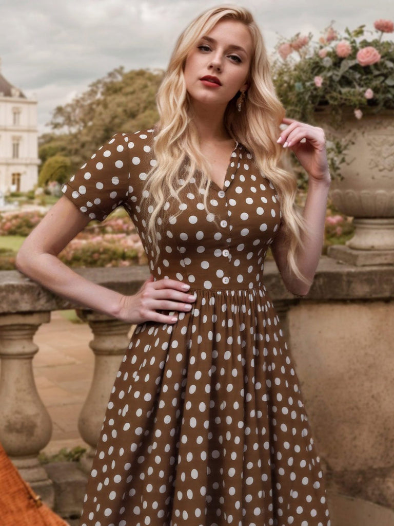 [Pre-Sale] Brown 1940s Lapel Buttons Pocketed Polka Dots Dress