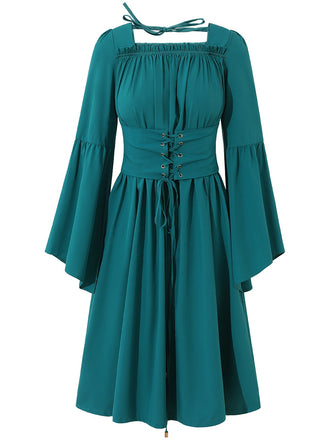 Blue 1940s Square Neck Lace-Up Ruched Dress