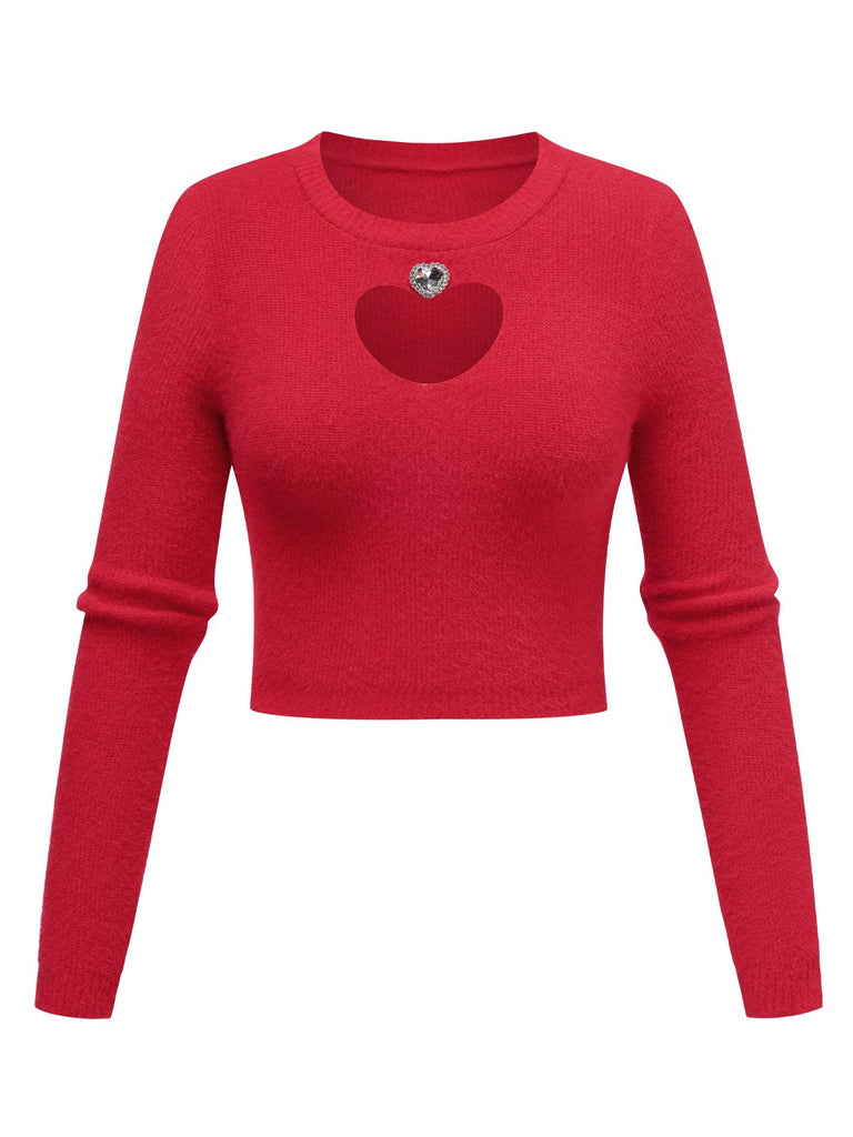 1960s Rhinestones Heart Cutout Knitted Solid Sweater