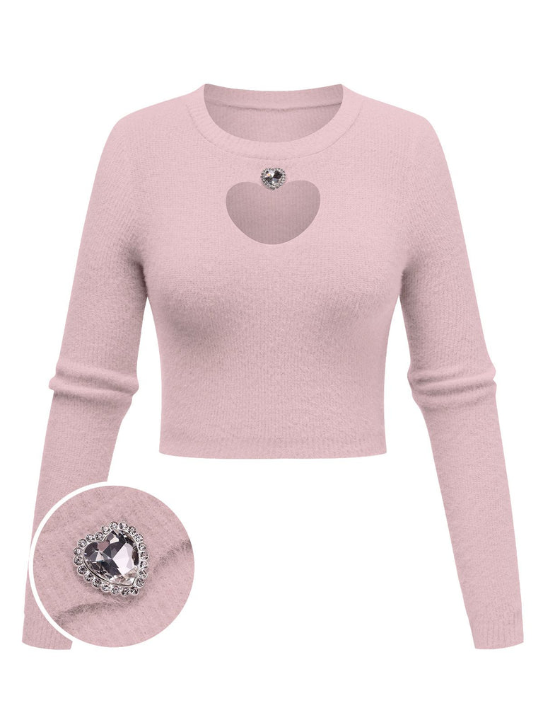 1960s Rhinestones Heart Cutout Knitted Solid Sweater