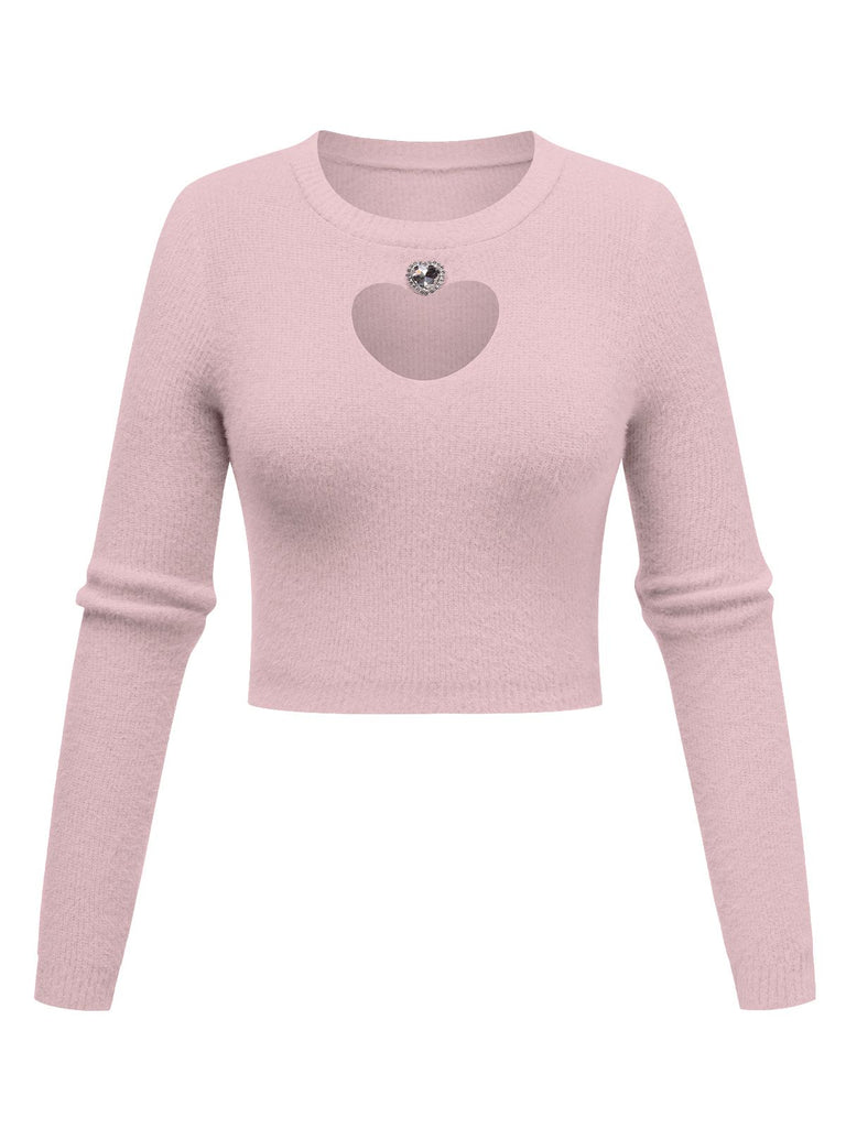 1960s Rhinestones Heart Cutout Knitted Solid Sweater