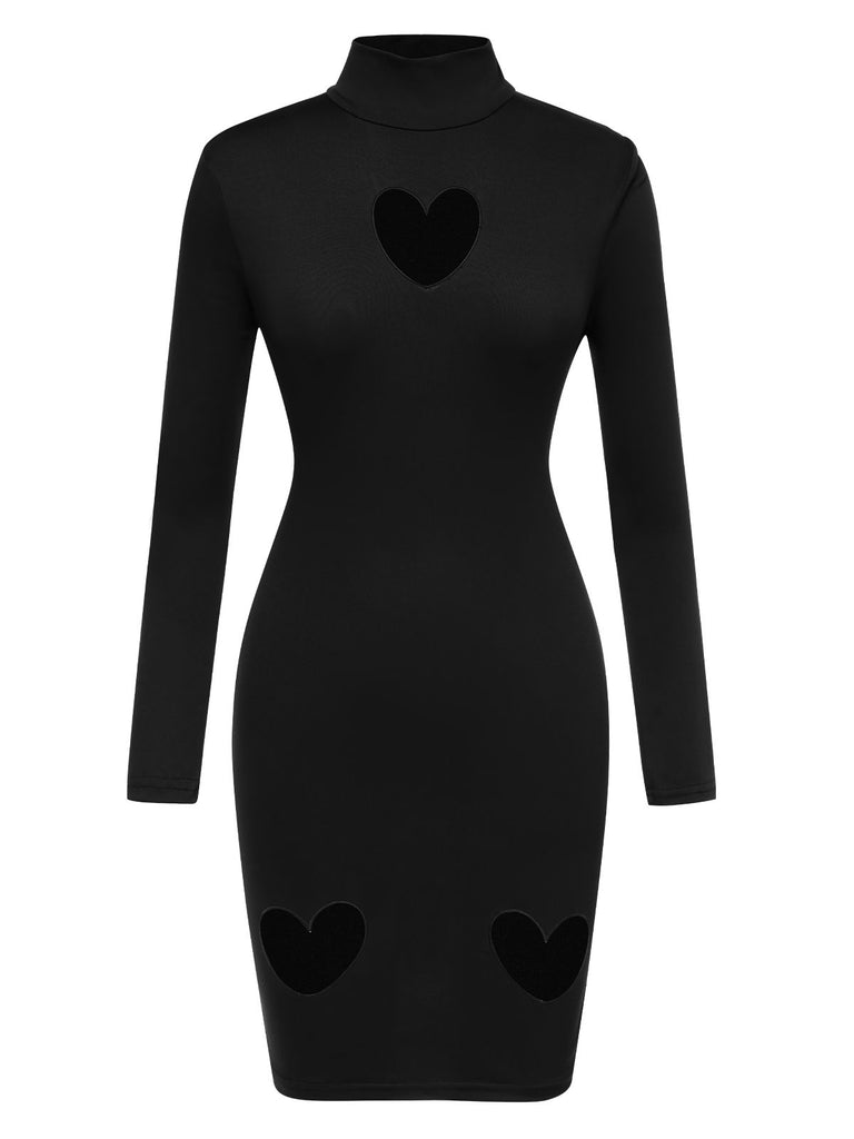 Black 1960s Solid Heart Cut Out Dress