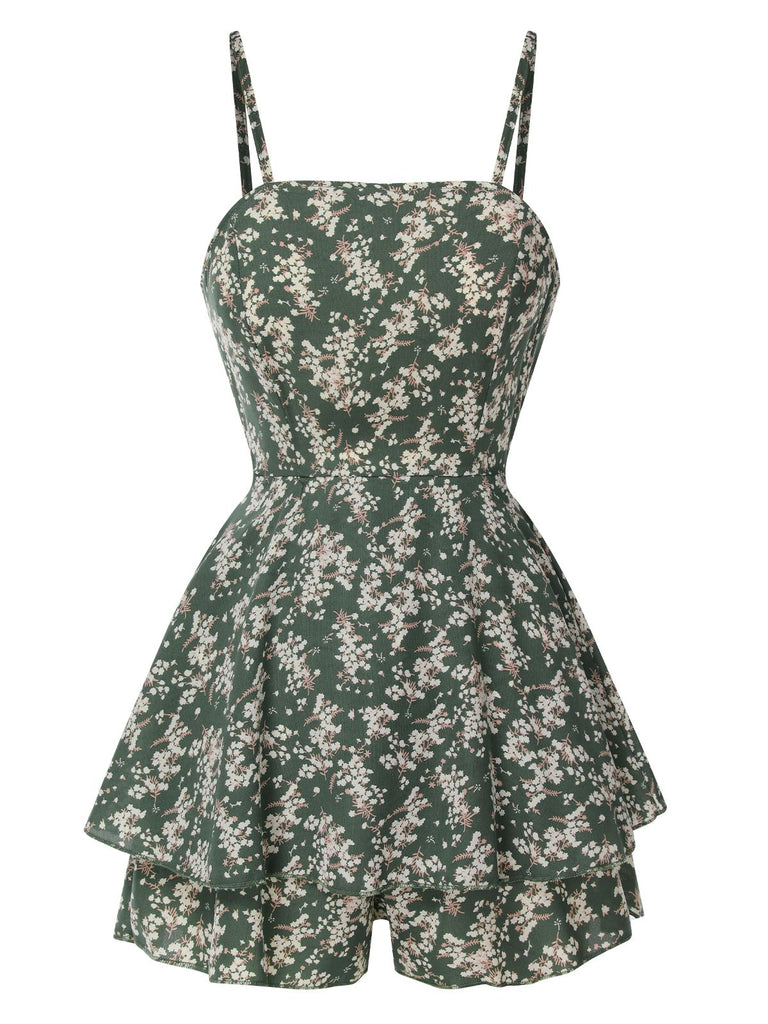 Green 1960s Spaghetti Strap Floral Layered Romper