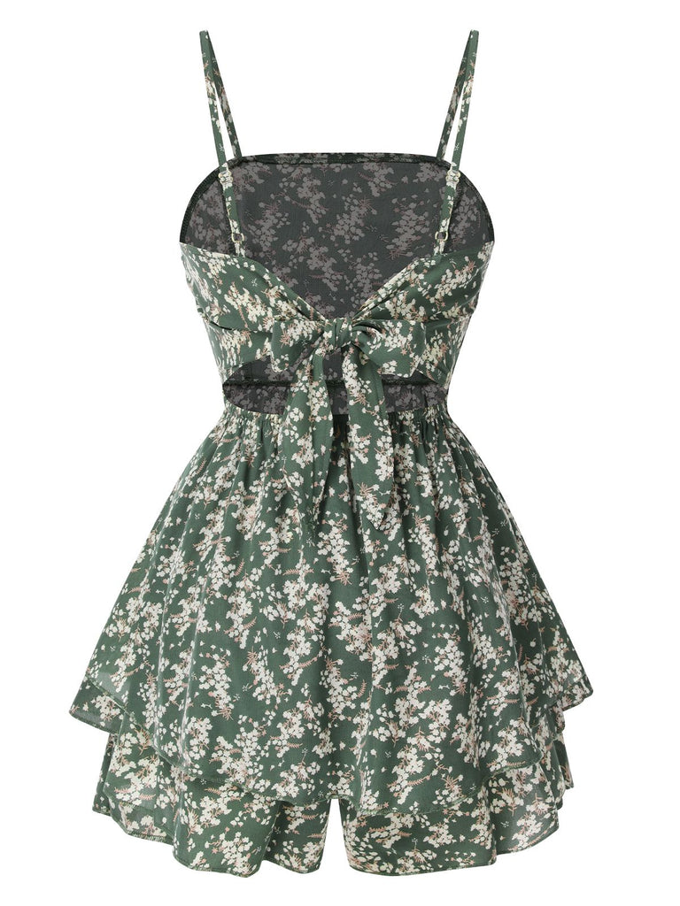 Green 1960s Spaghetti Strap Floral Layered Romper