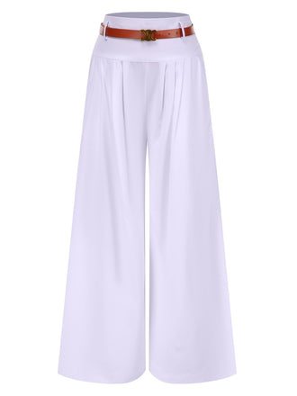 1930s High Waist Belted Wide-Leg Solid Pants