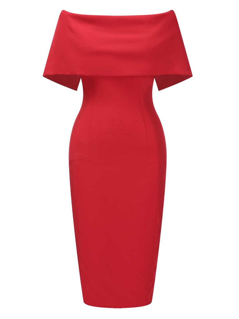 Red 1960s Off-Shoulder Solid Bodycon Dress