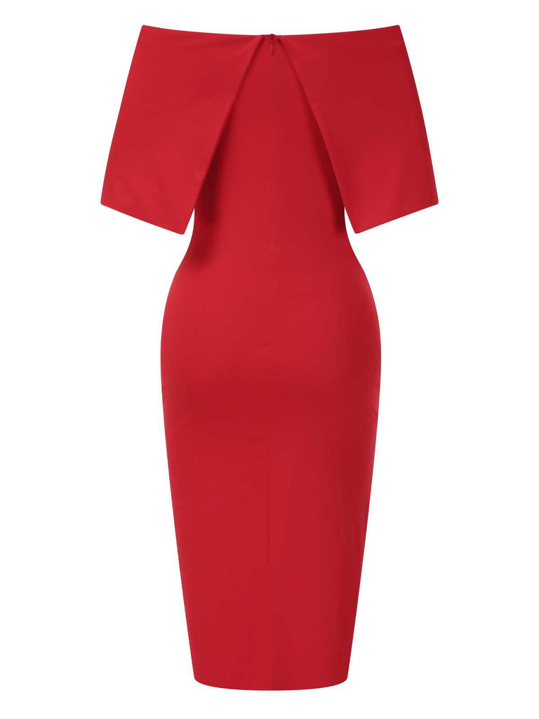 Red 1960s Off-Shoulder Solid Bodycon Dress