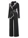 Black 1970s Lapel Color Block Belted Jumpsuit