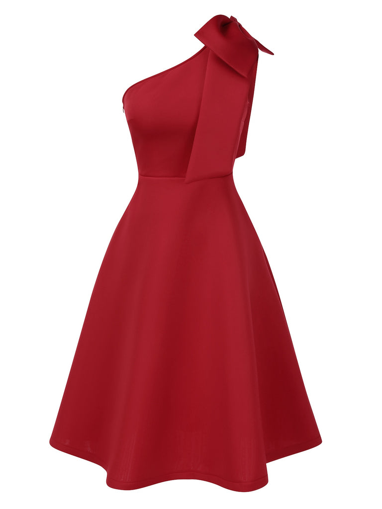 1950s Solid Big Bow One-Shoulder Dress