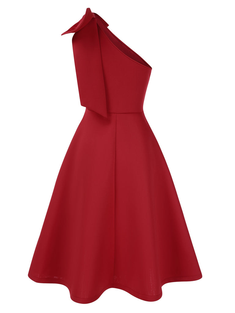 1950s Solid Big Bow One-Shoulder Dress