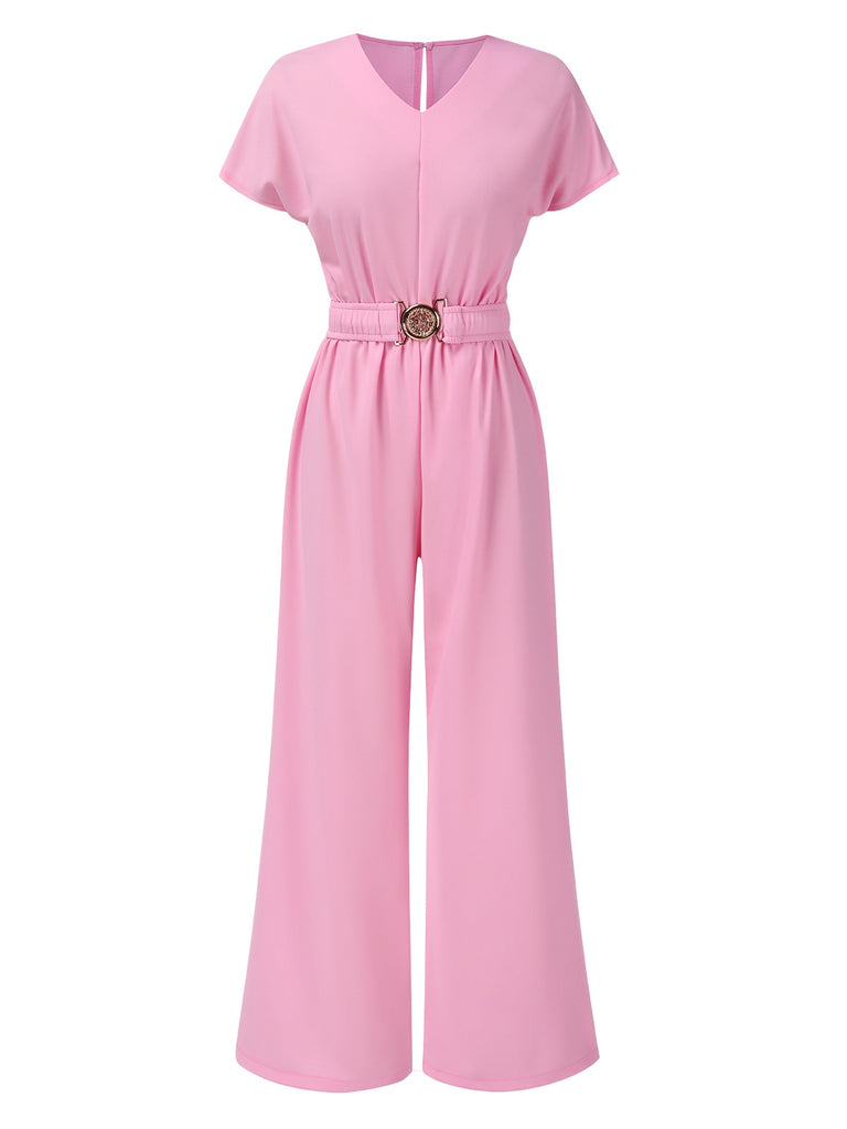 1950s Solid V-Neck Belted Jumpsuit