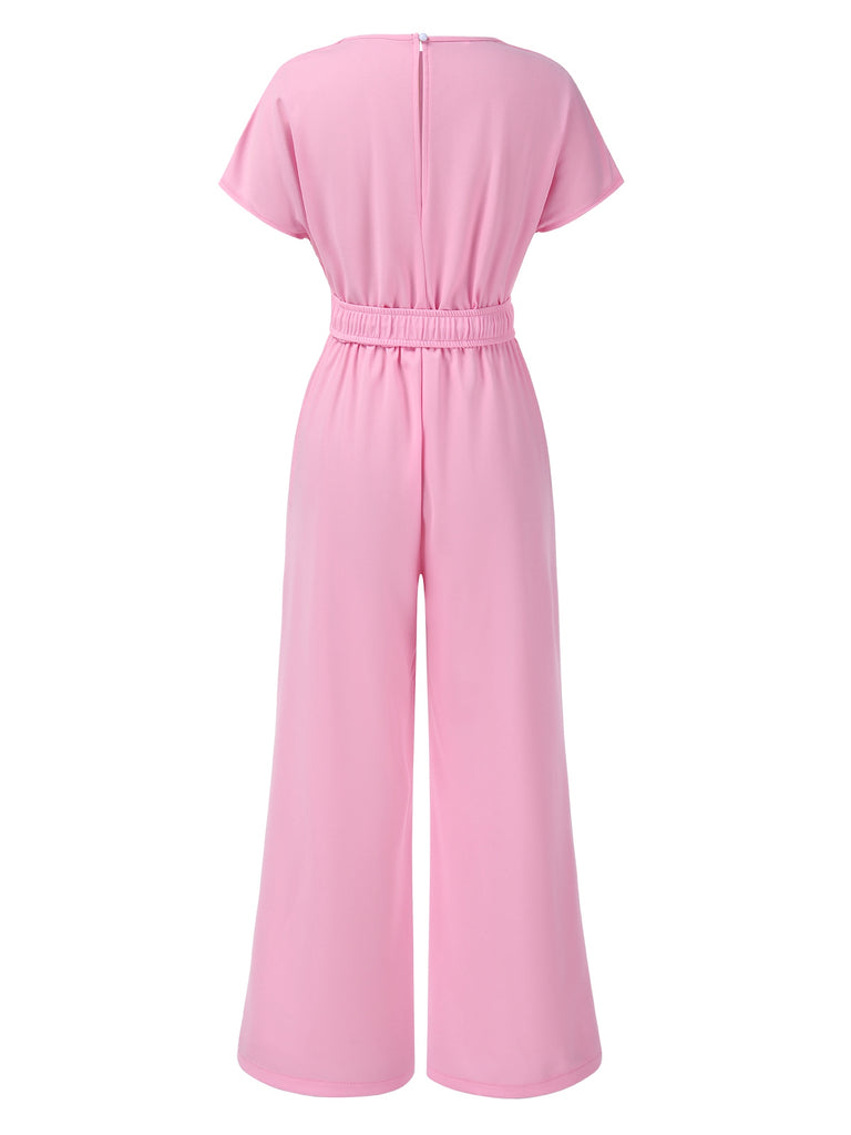 1950s Solid V-Neck Belted Jumpsuit