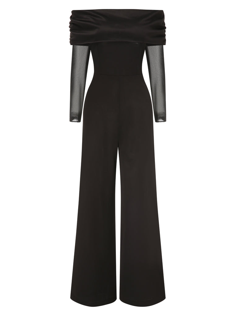 Black 1950s Off-Shoulder Sheer Sleeve Jumpsuit